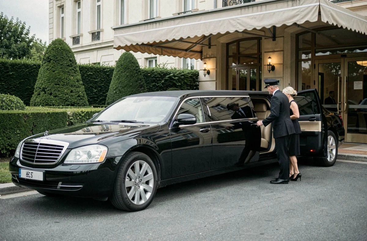 Limousine américaine noire avec chauffeur en uniforme devant un hôtel de prestige en Île-de-France pour Aamerican Limousines