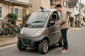 Jeune adulte équipant une voiture sans permis avec un support smartphone et une caméra de recul sur une rue résidentielle