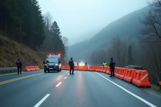 Route coupée par les gendarmes après un accident sur une route alpine près de Chambéry, barrières de sécurité oranges et véhicule de patrouille visible