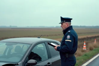 Agent de sécurité routière examinant les dégâts d'un accident de voiture sur une route du Nord de la France
