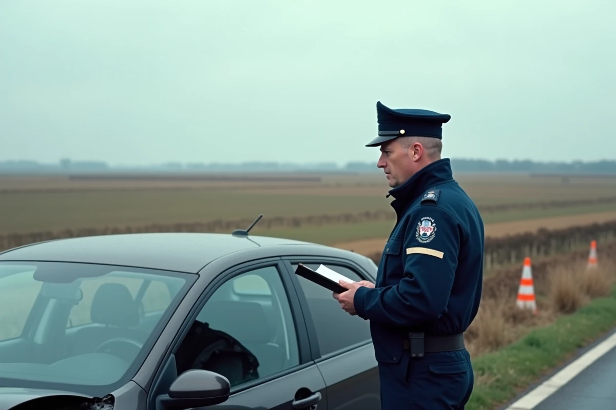 Agent de sécurité routière examinant les dégâts d'un accident de voiture sur une route du Nord de la France