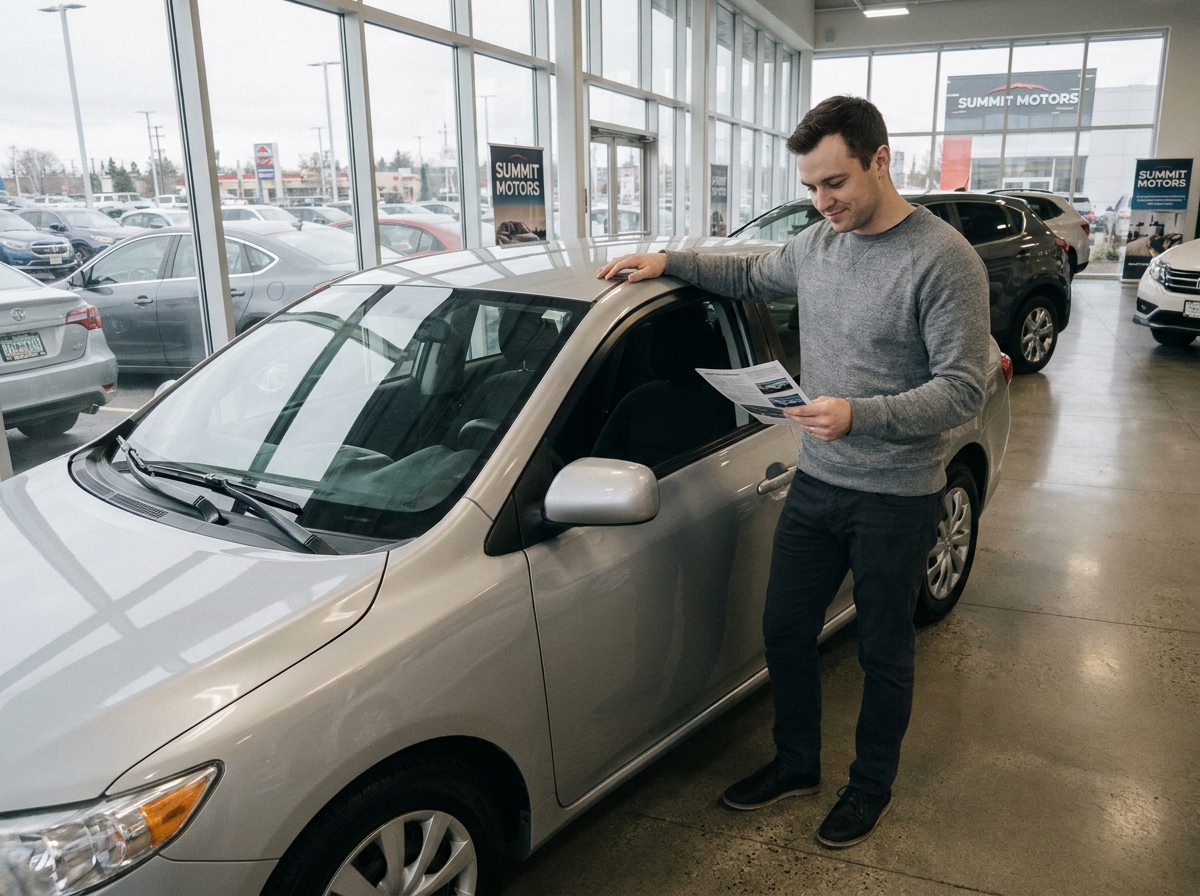 Jeune homme consultant une brochure automobile dans un showroom de concession, à côté d'une berline compacte argentée