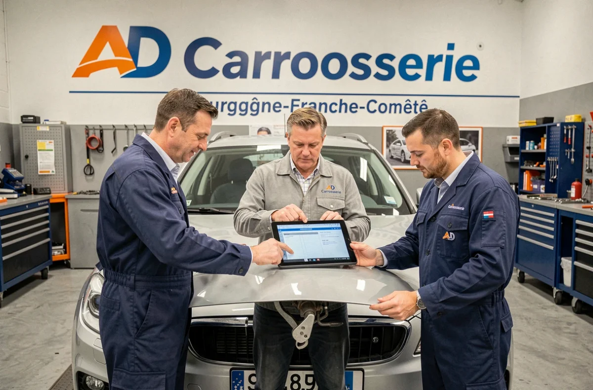 Équipe de professionnels AD Carrosserie Bourgogne-Franche-Comté réunis autour d'un véhicule dans un atelier de référence du réseau régional