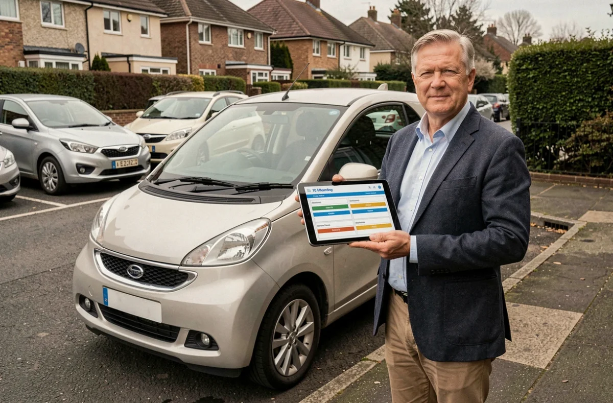 Agent d'assurance présentant une comparaison de tarifs à côté d'une petite voiture en ville