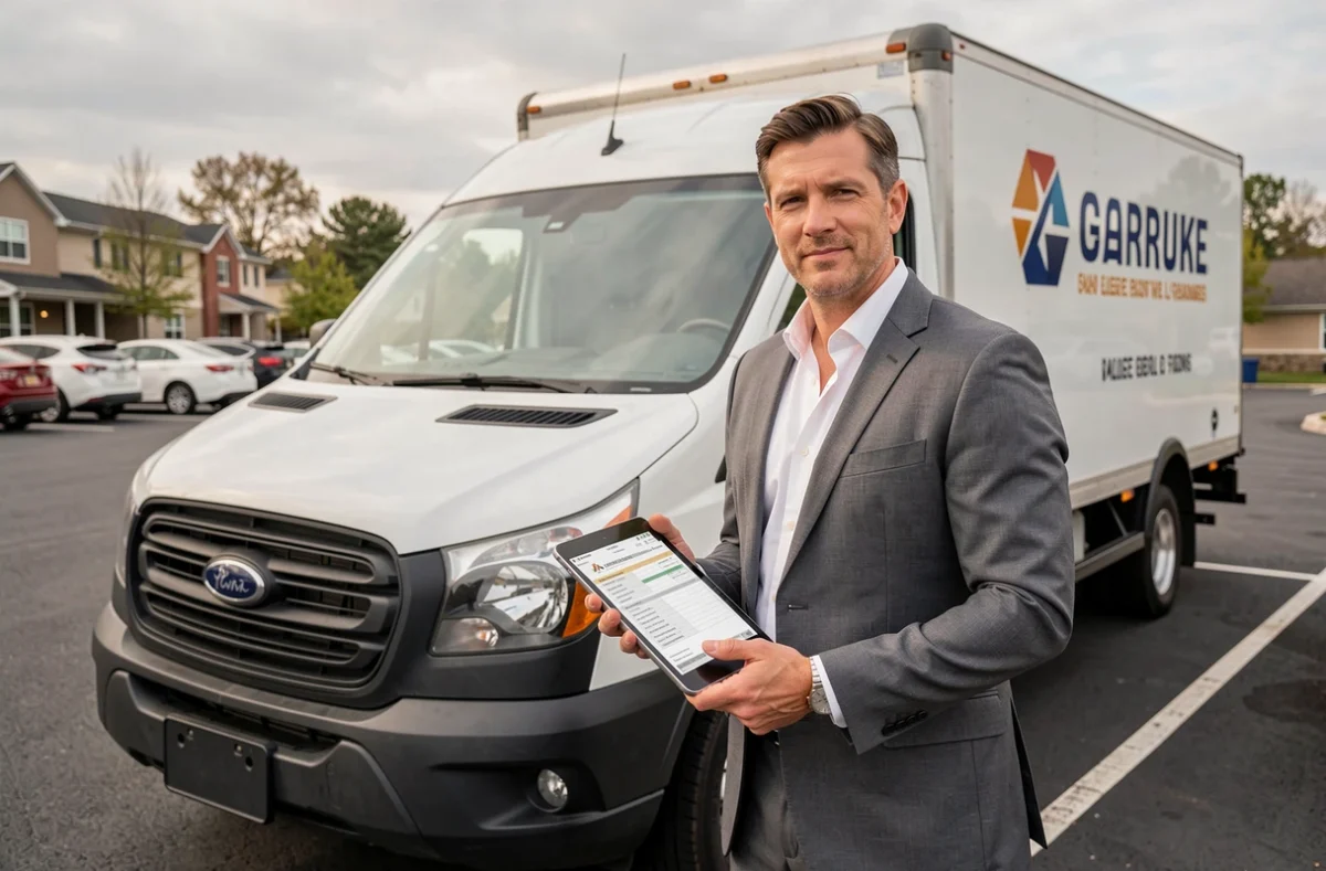 Agent d'assurance présentant un contrat auto professionnel devant un véhicule utilitaire