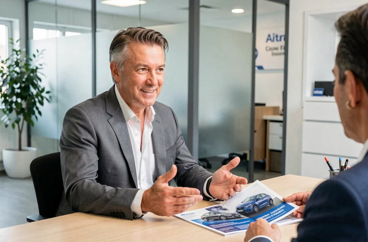 Agent d'assurance conseillant un client sur l'assurance voiture sans permis