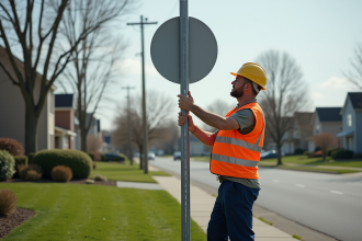 Agent municipal en vestiaire orange installe un panneau routier
