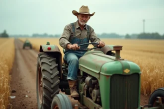 Agriculteur senior conduisant un vieux tracteur avec siège d'origine usé sur chemin de terre agricole