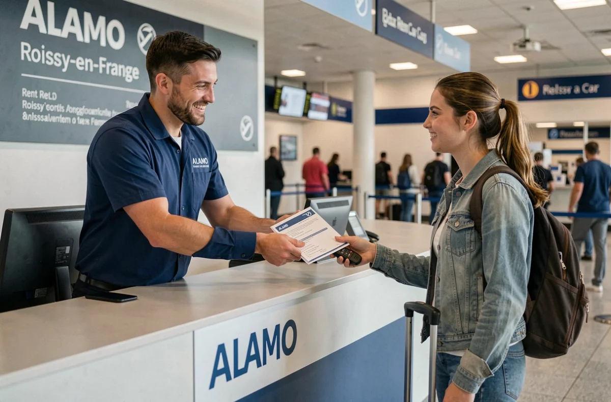 Agent Alamo remettant les documents et clés de location à une jeune voyageuse au comptoir de Roissy-en-France