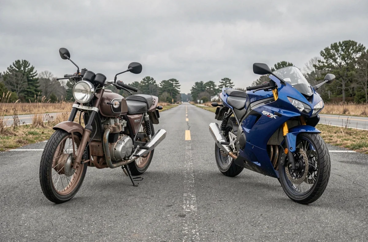 Ancienne moto et moto récente garées côte à côte illustrant le choix d'assurance au tiers ou tous risques
