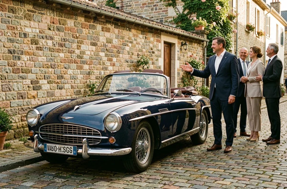 Voiture de collection vintage bleu nuit restaurée proposée à la location par Anciennes de Prestige dans le Val-d'Oise