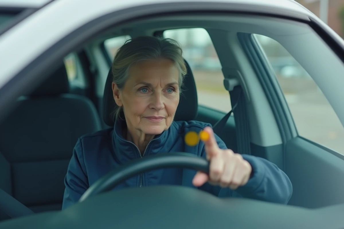 Femme appliquant une vignette Crit'Air jaune à l'intérieur du pare-brise d'une voiture blanche