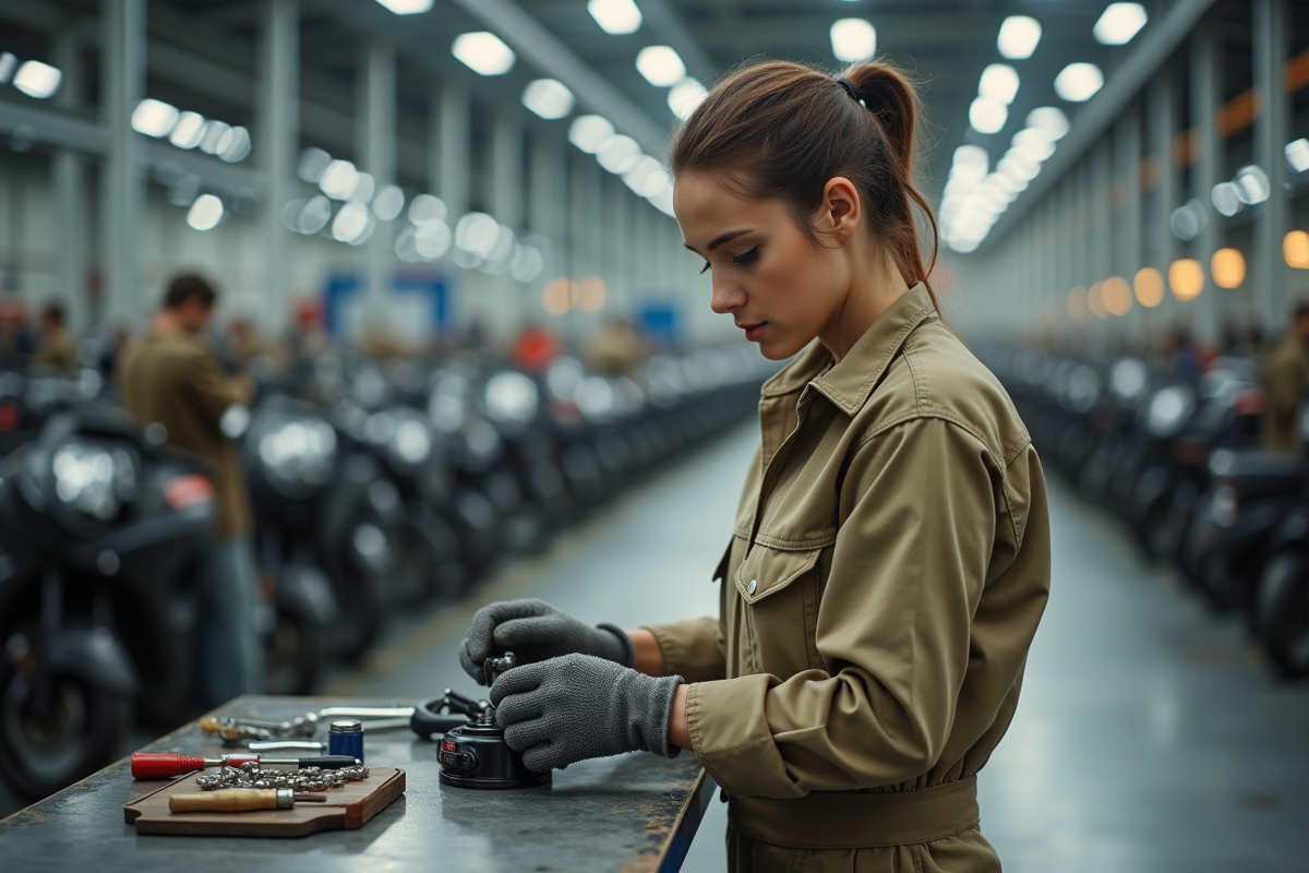 Femme assemble une pièce de moto Ural en atelier