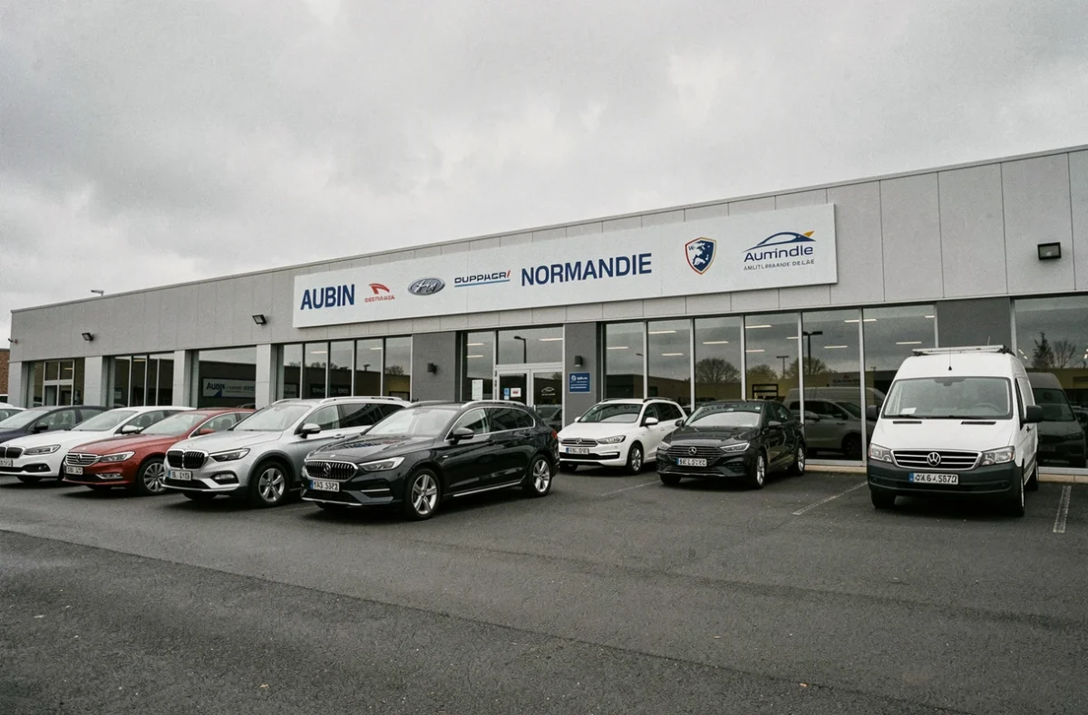 Extérieur de la concession Aubin Normandie avec une gamme de véhicules multimarques exposés sur le parvis
