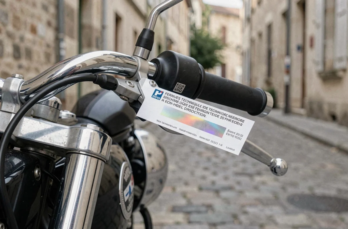 Autocollant de contrôle technique deux roues apposé sur la fourche d'une moto garée dans une rue française