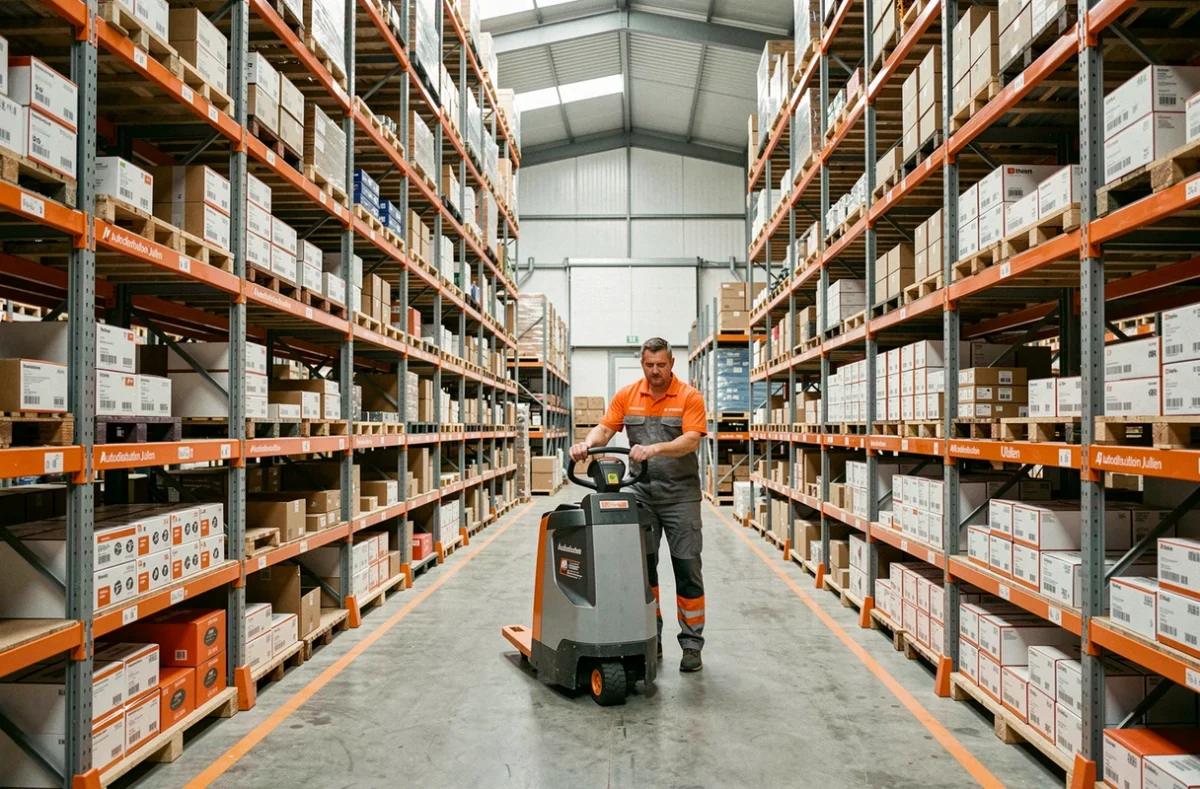 Employé du dépôt Autodistribution Jullien manœuvrant un transpalette entre des rayonnages de pièces automobiles dans un entrepôt logistique