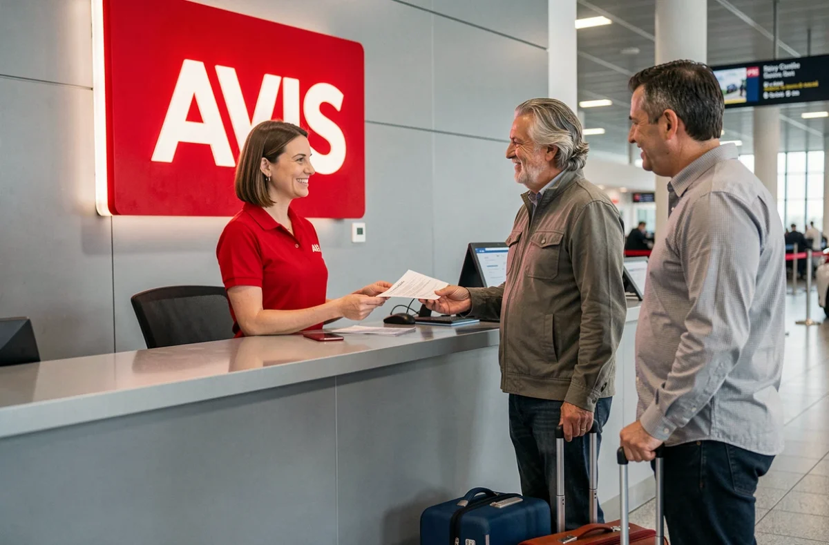 Agent Avis présentant un contrat de location à un couple au comptoir Avis de Roissy-en-France