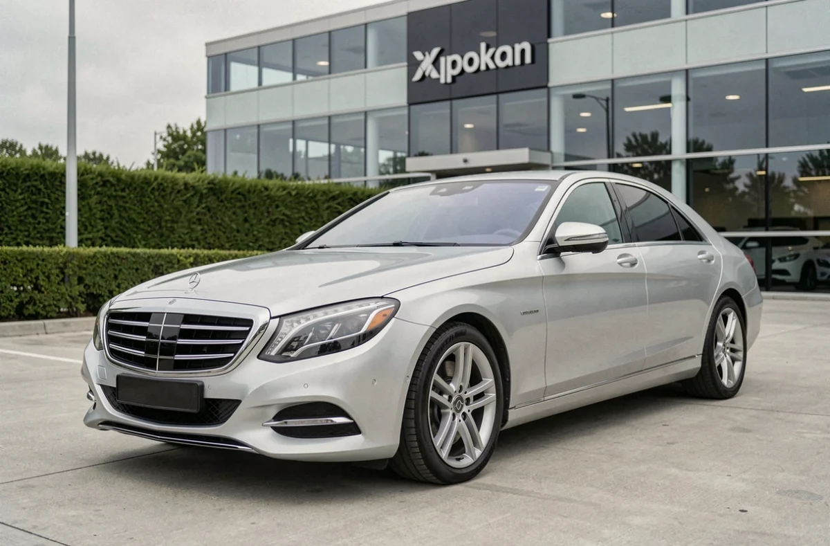 Berline de luxe garée devant les locaux d'un mandataire automobile prestige, vue en perspective trois quarts avant