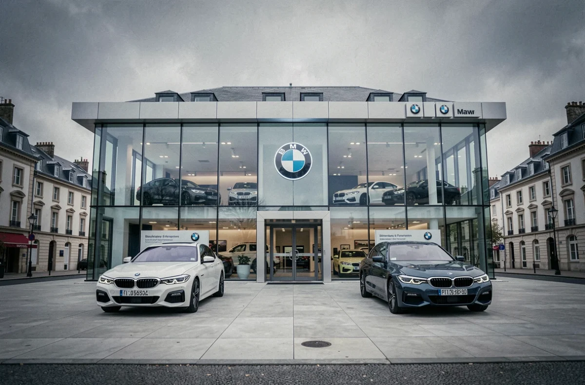 Façade de la concession BMW Normandy Avenue avec des berlines premium exposées sur le parvis