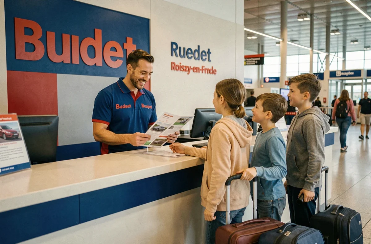 Agent Budget expliquant les options de location à une famille avec bagages au comptoir de Roissy-en-France