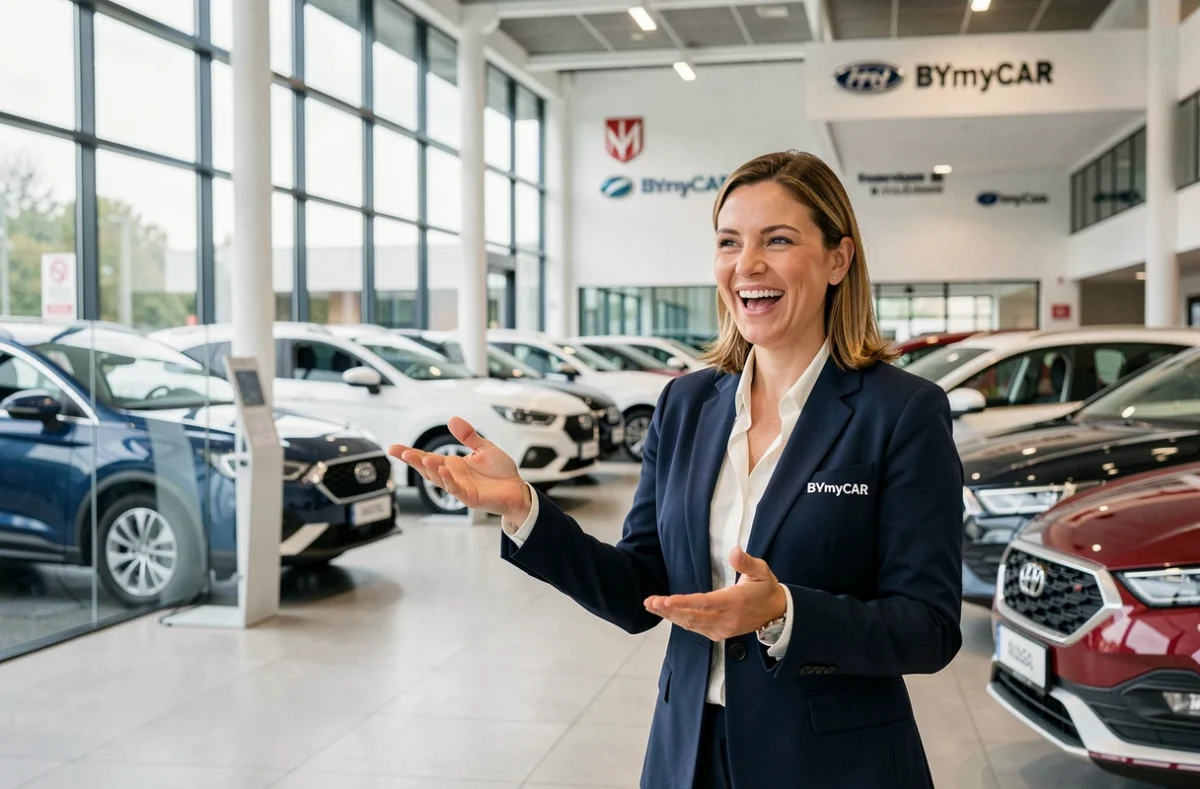 Conseillère commerciale présentant des véhicules d'occasion chez BYmyCAR Toulouse