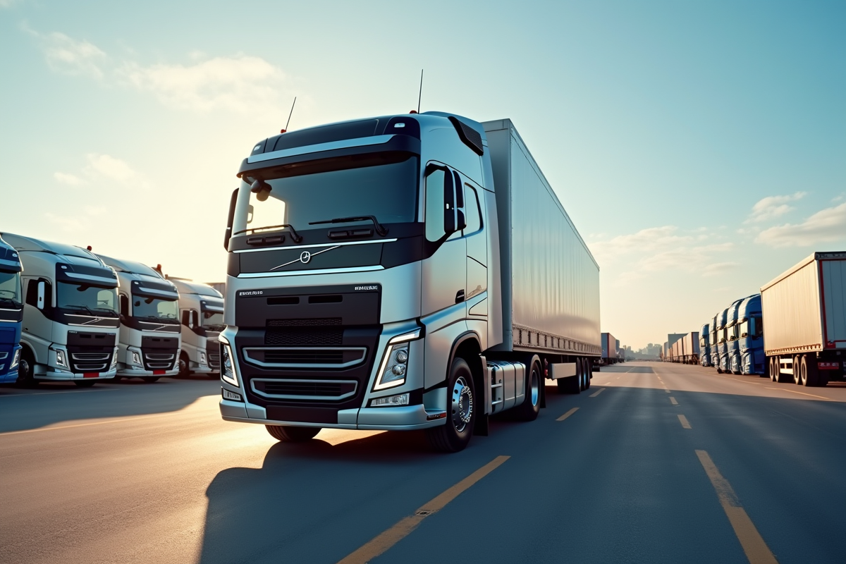 Camion moderne de 19 tonnes dans un hub logistique animé