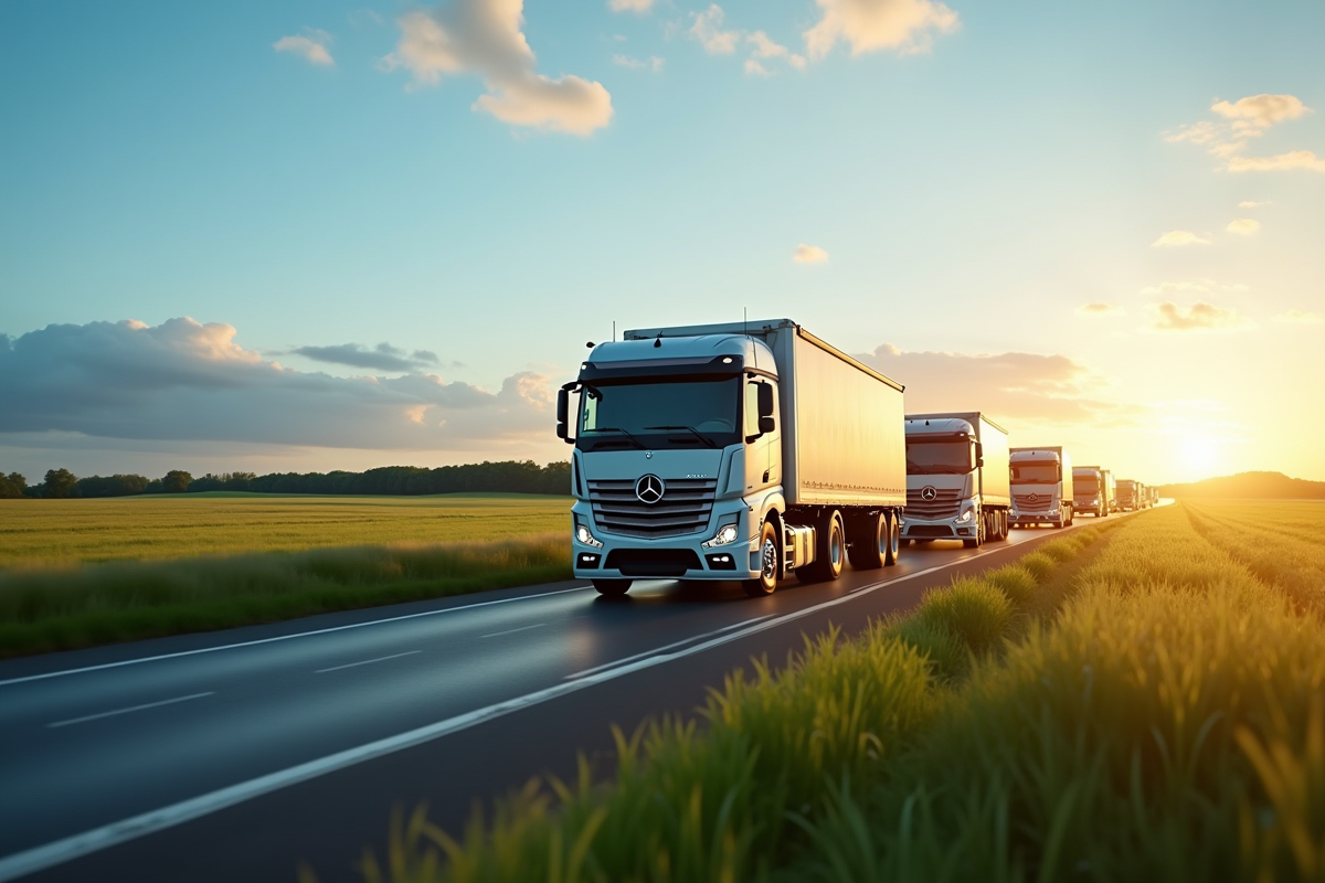 Plusieurs camions benne en déplacement sur route rurale