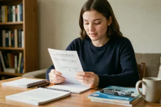 Jeune femme consultant son résultat de permis de conduire à domicile après s'être présentée comme candidate libre