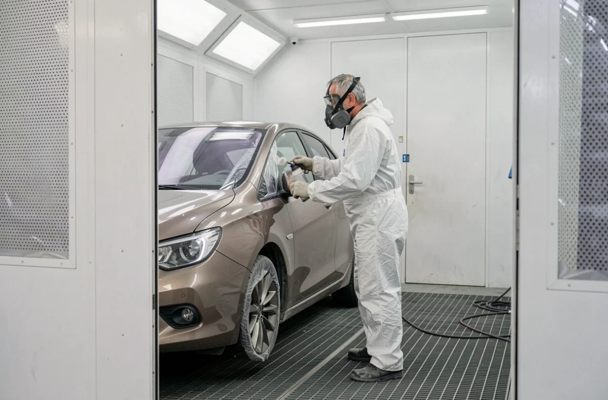 Carrossier de la Carrosserie Coty en combinaison de protection appliquant de la peinture sur un panneau de porte à l'intérieur d'une cabine de peinture professionnelle