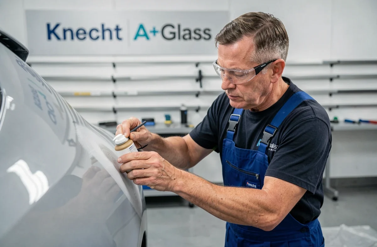 Technicien en carrosserie de l'atelier Knecht Axial A+Glass appliquant une correction de peinture sur un panneau de véhicule
