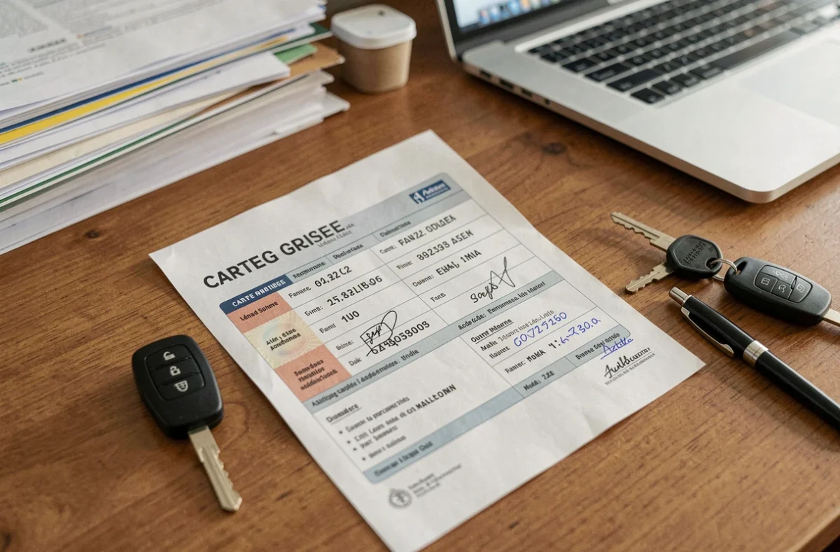 Carte grise et clés de voiture posées sur un bureau lors d'une démarche d'immatriculation dans les Yvelines