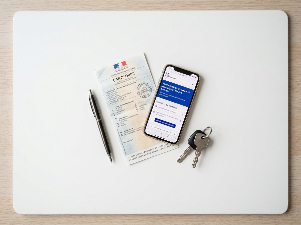 Vue du dessus d'une carte grise, un smartphone et des clés de voiture pour un changement de propriétaire rapide