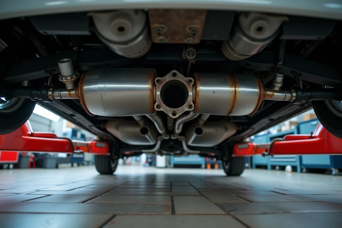 Gros plan sur le pot catalytique et le système antipollution sous une Peugeot 207 sur pont élévateur