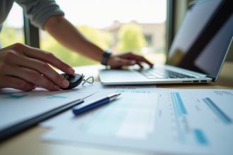 Mains tenant un certificat d'immatriculation et clés de voiture sur bureau lumineux