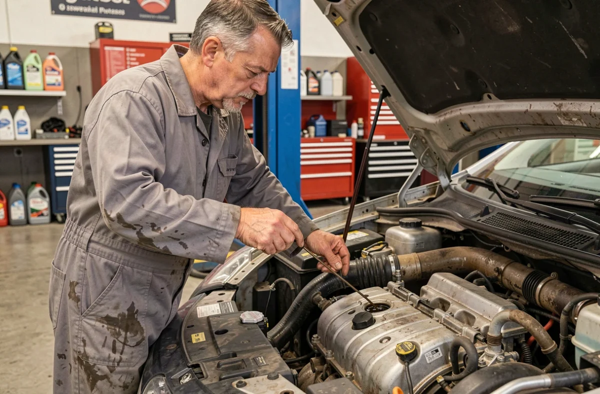 Mécanicien vérifiant le niveau d'huile moteur d'une Citroën C3 avec une jauge dans un atelier automobile professionnel