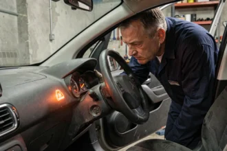 Mécanicien examinant le voyant batterie allumé sur le tableau de bord d'une Citroën C3 dans un garage