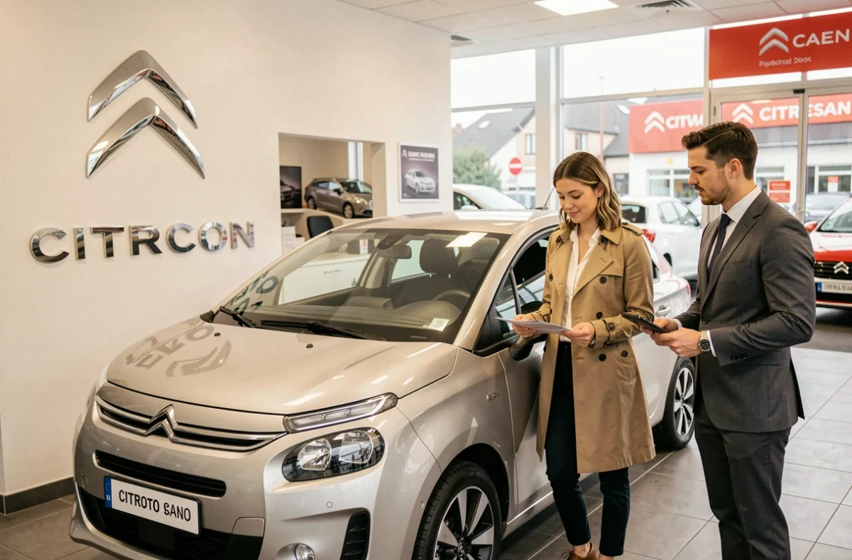Intérieur de la concession Citroën Caen avec une cliente examinant un modèle compact assistée d'un conseiller