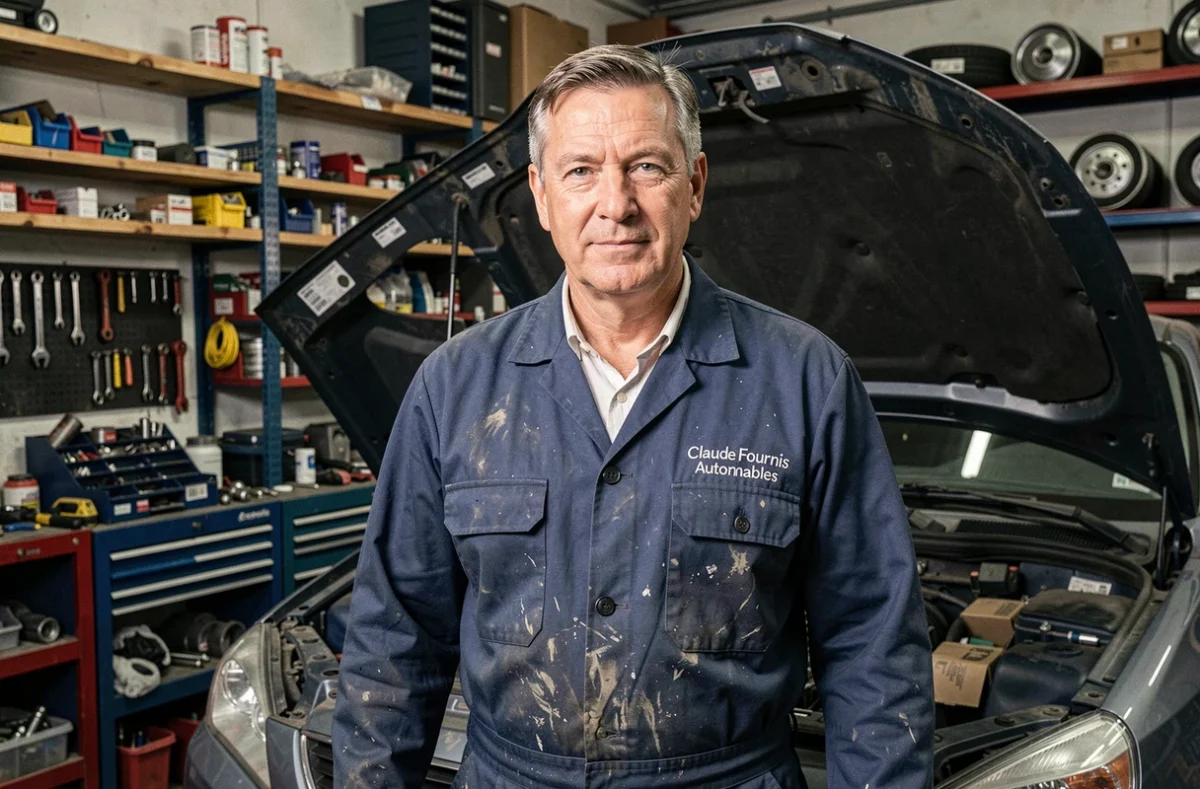 Mécanicien de Claude Fournis Automobiles dans son atelier inspectant un moteur ouvert