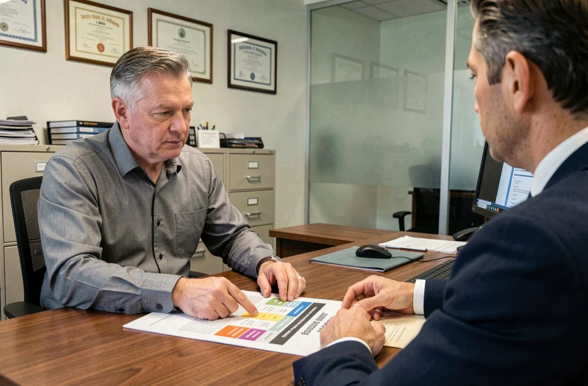 Client et agent d'assurance examinant un tableau de bonus-malus dans un bureau professionnel