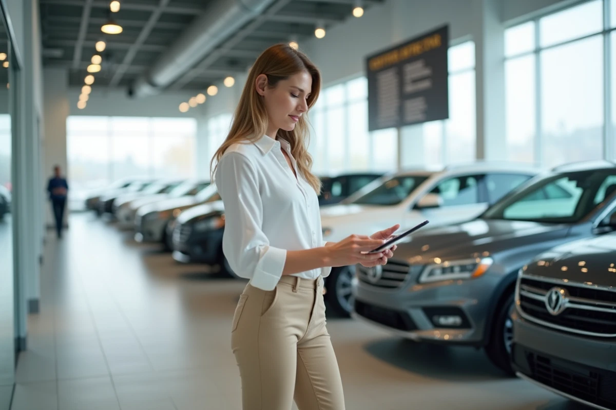 Cliente comparant des voitures reconditionnées sur tablette dans une concession de vente en ligne Aramisauto