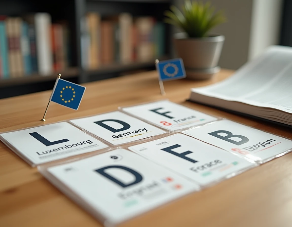 Cartes de référence des codes pays européens avec le code L du Luxembourg disposées sur un bureau en bois