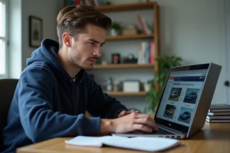 Jeune homme parcourant un site de pièces auto sur son ordinateur portable pour passer sa première commande en ligne