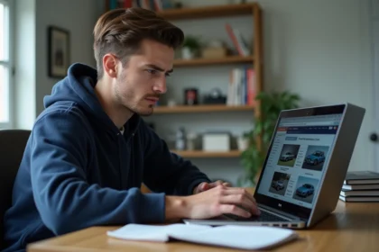 Jeune homme parcourant un site de pièces auto sur son ordinateur portable pour passer sa première commande en ligne