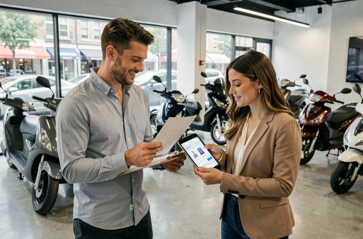 Deux personnes comparant l'argus papier et une estimation en ligne dans une concession de scooters