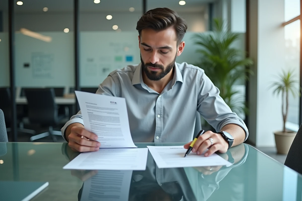 Homme d'affaires comparant deux documents de cession de vente PDF imprimés côte à côte dans une salle de réunion moderne