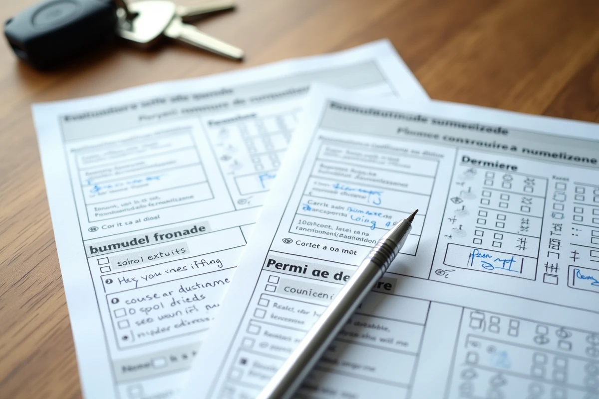 Comparaison de deux grilles d'évaluation du permis de conduire côte à côte, conduite accompagnée et filière classique, posées sur un bureau en bois