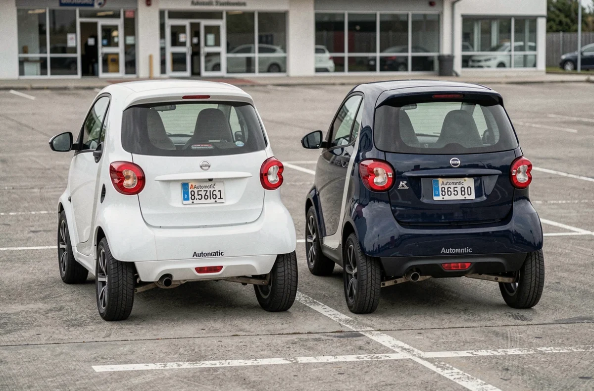 Comparaison de deux modèles de voitures sans permis automatiques garées côte à côte dans un parking