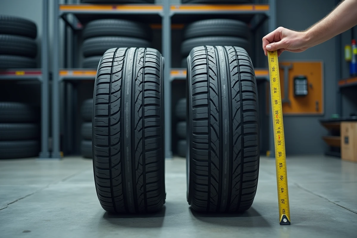 Comparaison de deux tailles de pneus différentes posées au sol dans un atelier de montage automobile