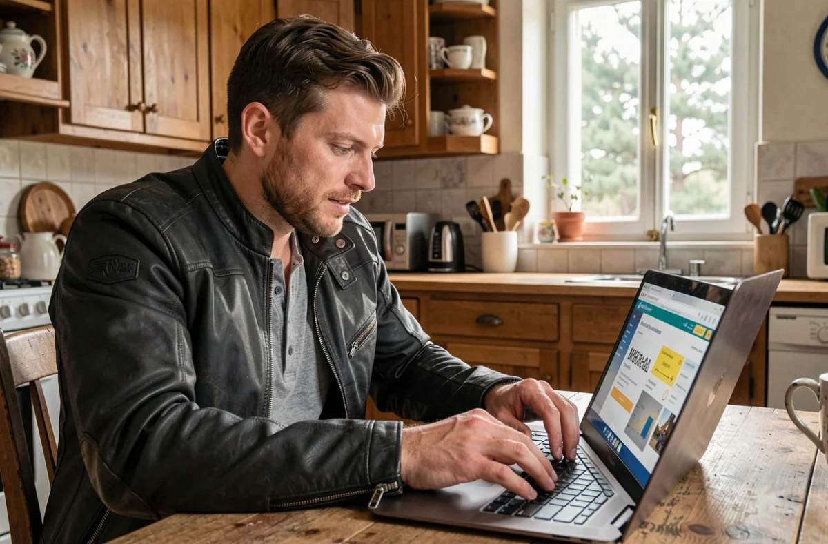 Motard comparant des offres d'assurance moto en ligne depuis son domicile près de Dax