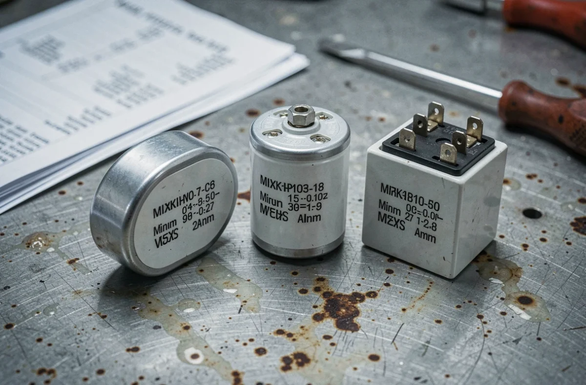 Comparaison de différents types de condensateurs moteur électrique sur un établi d'atelier pour compresseur, pompe et VMC